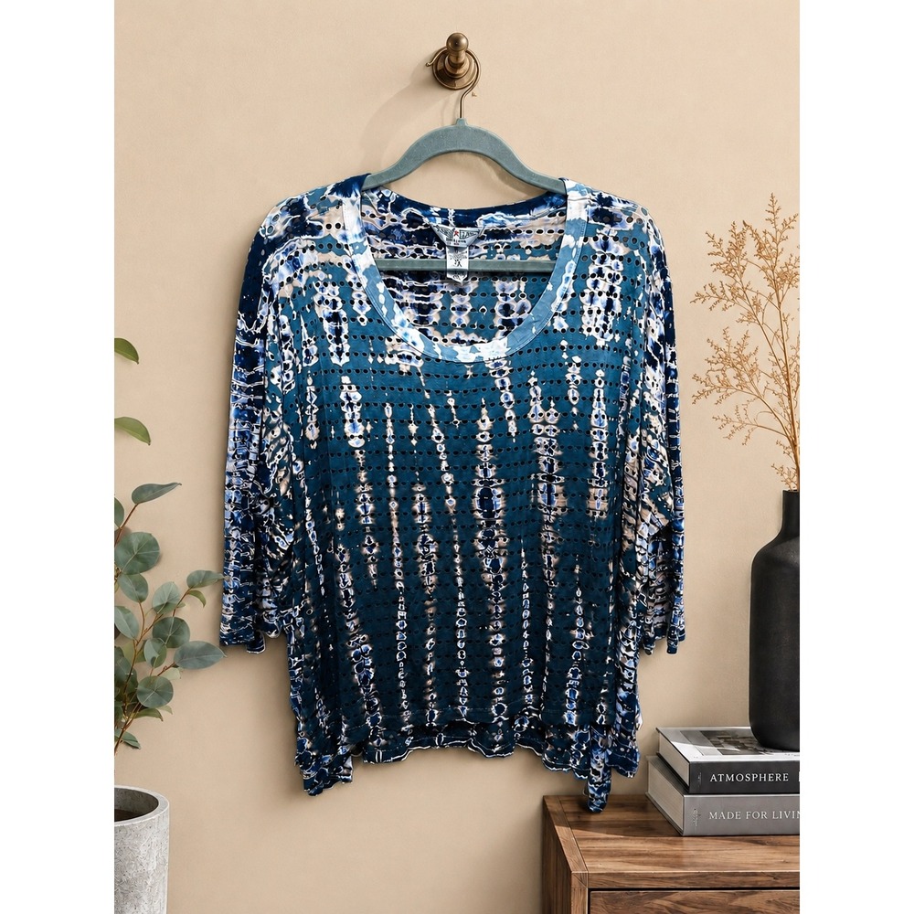 Hard Tail Tie Dye Top Blue Teal Eyelet Cutout Openwork Design Boho Y2K Oversized